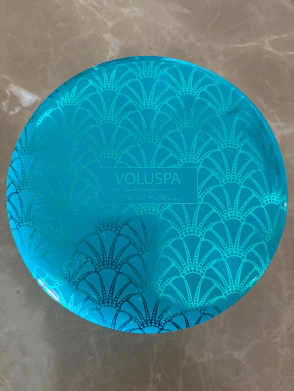 Voluspa Teal Blue Decorative Tin Lid with Art Deco Motif candle